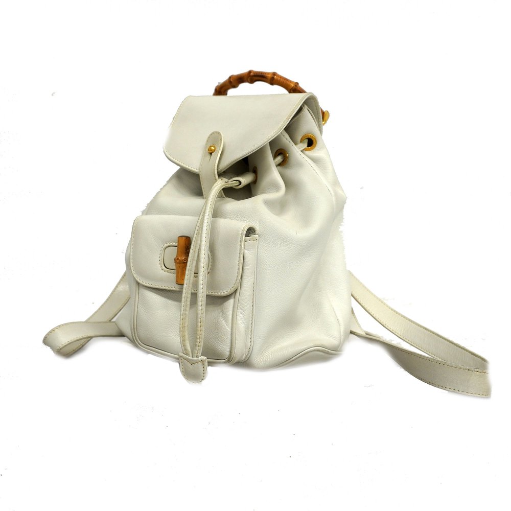 Auth Gucci Rucksack Bamboo 003 2058 0030 Leather White Gold metal